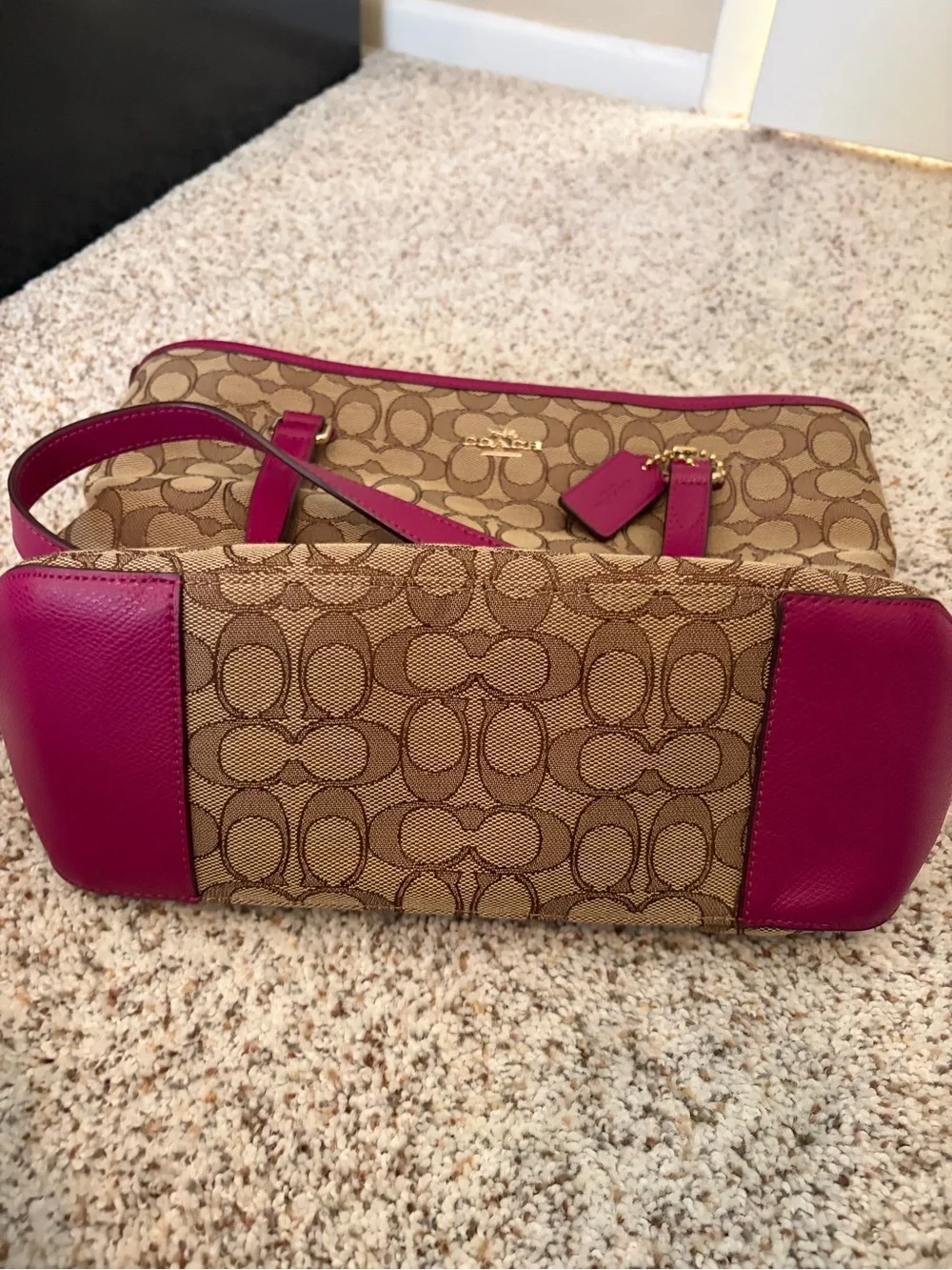 Coach Brown Signature Canvas Tote with Magenta Trim